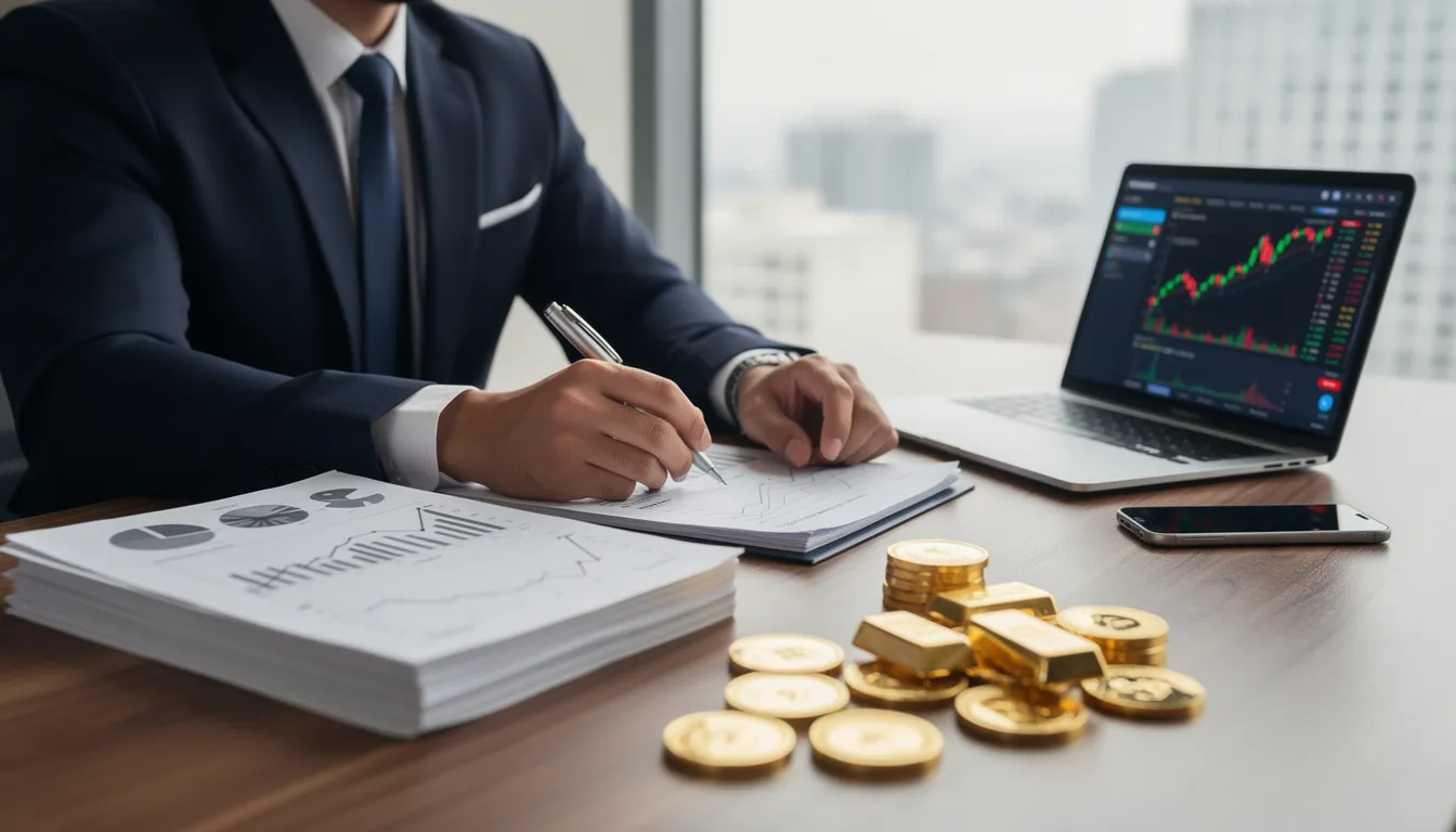 A professional investor is seated at a desk, meticulously reviewing gold coins alongside various financial documents, highlighting the importance of gold IRA investments and the role of reputable gold IRA companies in retirement savings. The scene emphasizes the evaluation of physical precious metals like gold and silver, essential for securing a stable financial future.